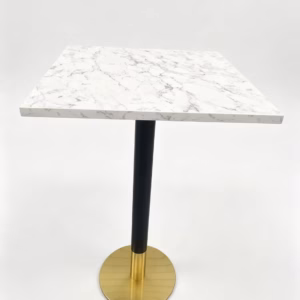 WHITE MARBLE TOP WITH BLACK AND GOLD CIRCLE POSEURE BAR HEIGHT STAND