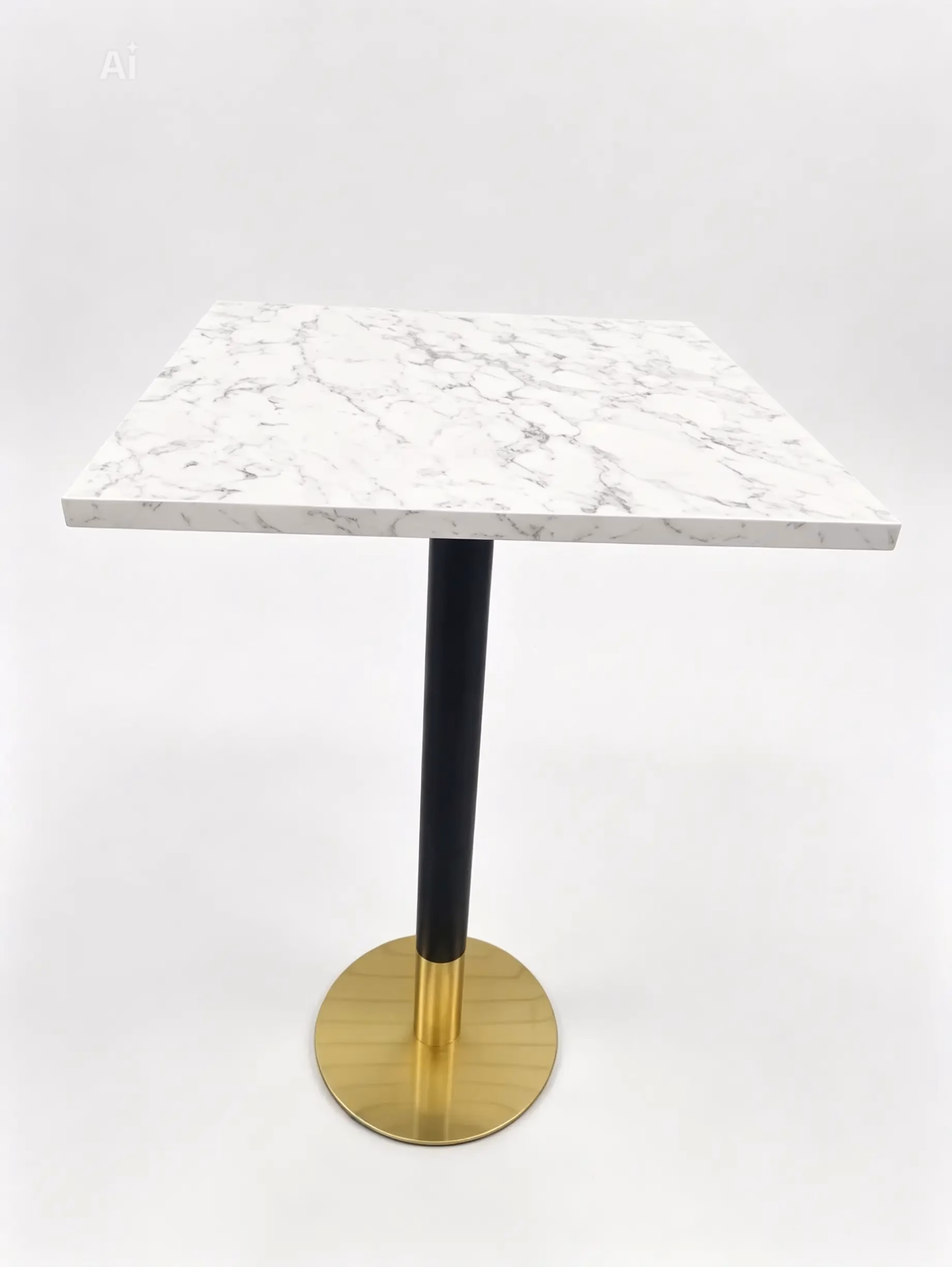 WHITE MARBLE TOP WITH BLACK AND GOLD CIRCLE POSEURE BAR HEIGHT STAND
