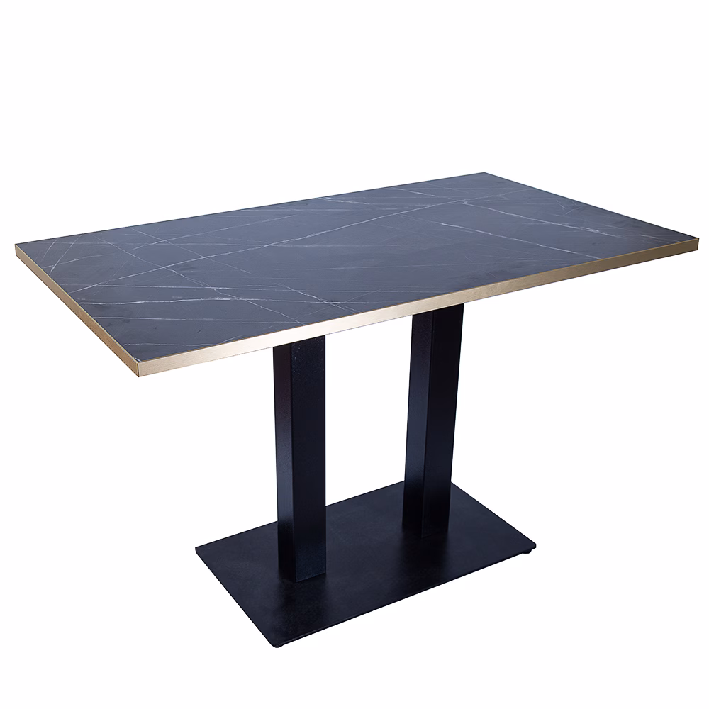 RESTAURANT TABLE BLACK MARBLE GOLD TRIM RECTANGLE BASE