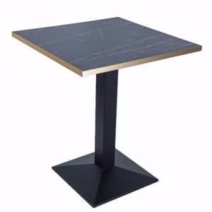 RESTAURANT TABLE BLACK MARBLE + GOLD TRIM BLACK PRYAMID BASE
