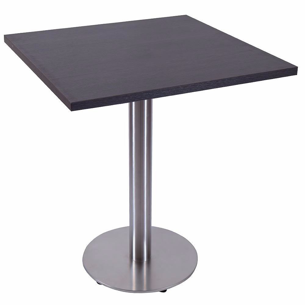RESTAURANT TABLE IN DARK / LIGHT WALNUT WITH BRUSHED METAL ROUND BASE