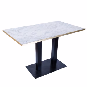 RESTAURANT TABLE WHITE MARBLE GOLD TRIM RECTANGLE BASE