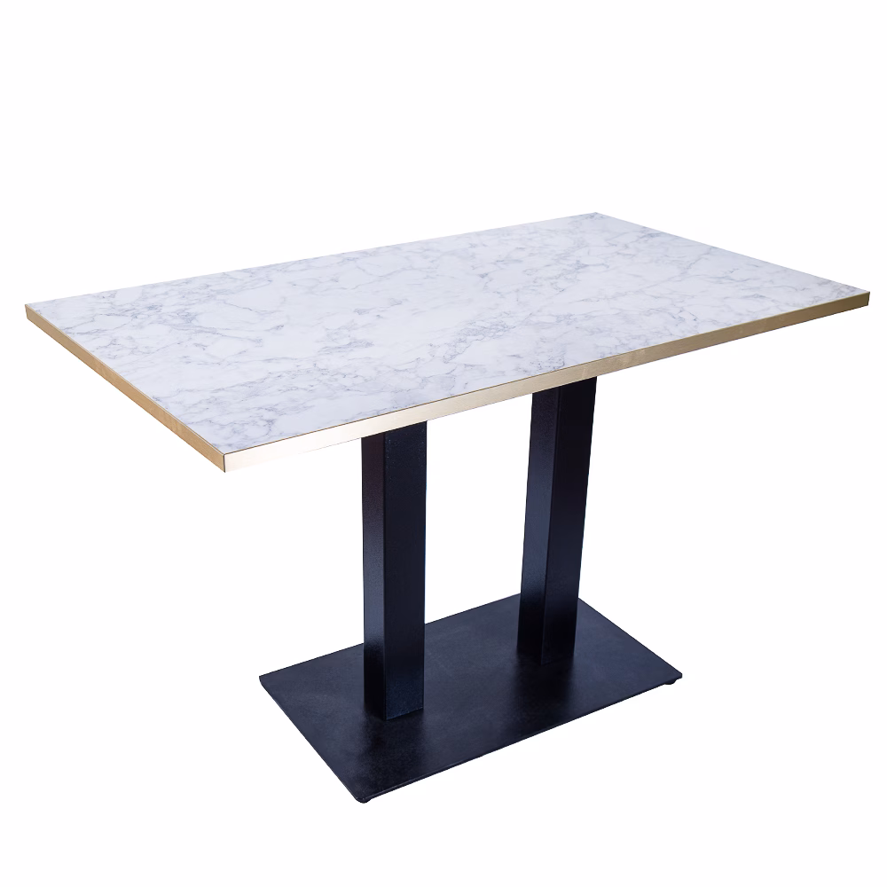 RESTAURANT TABLE WHITE MARBLE GOLD TRIM RECTANGLE BASE