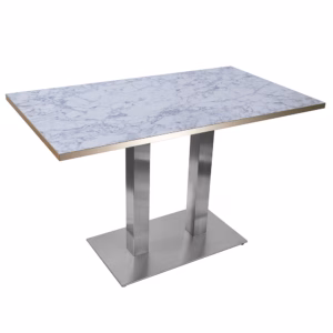 RESTAURANT TABLE WHITE MARBLE GOLD TRIM WITH RECTANGLE BRUSHED METAL BASE 1200×700