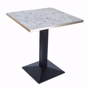 RESTAURANT TABLE WHITE MARBLE + GOLD TRIM BLACK PRYAMID BASE