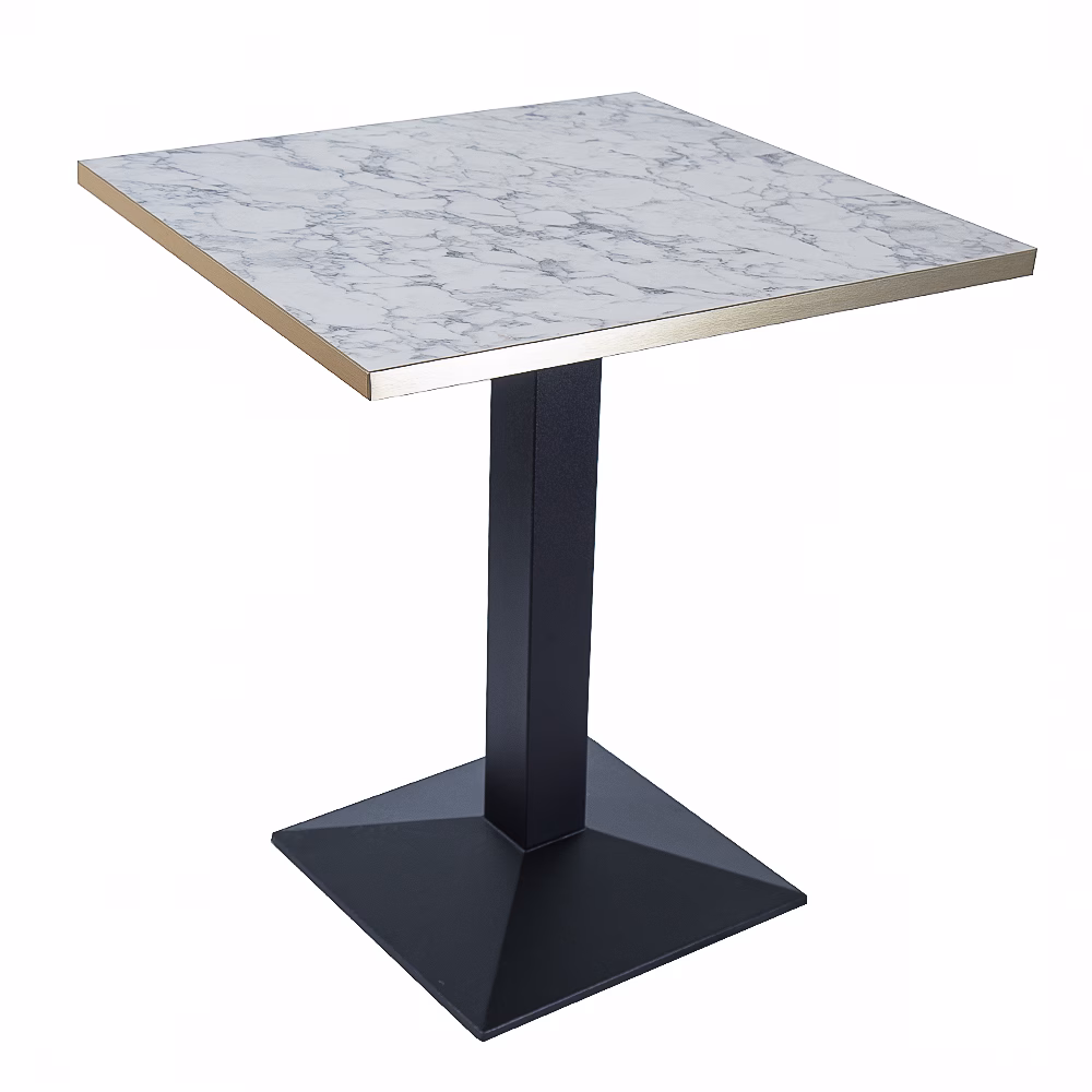 RESTAURANT TABLE WHITE MARBLE + GOLD TRIM BLACK PRYAMID BASE