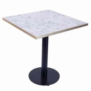 RESTAURANT TABLE WHITE MARBLE GOLD TRIM BLACK ROUND BASE