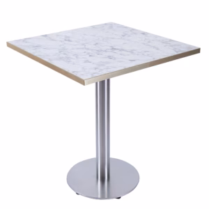 RESTAURANT TABLE WHITE MARBLE GOLD TRIM WIITH ROUND BRUSHED METAL BASE 700X700