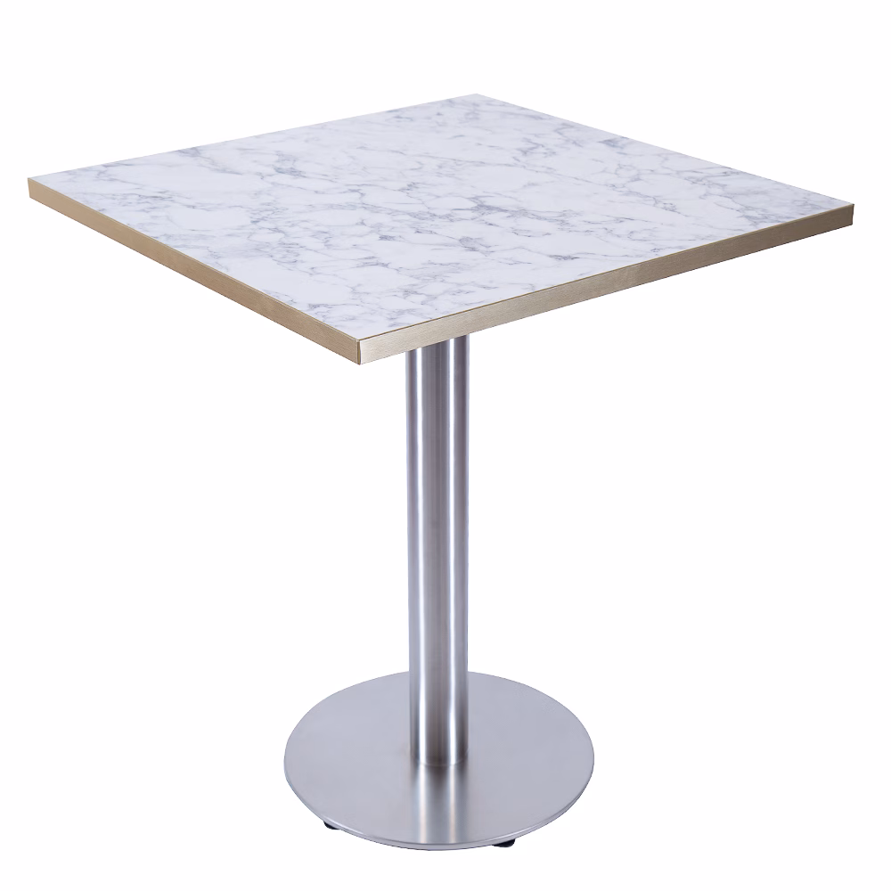 RESTAURANT TABLE WHITE MARBLE GOLD TRIM WIITH ROUND BRUSHED METAL BASE 700X700