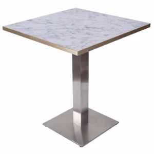 RESTAURANT TABLE WHITE MARBLE GOLD TRIM WITH SQUARE BRUSHED METAL BASE 700×700