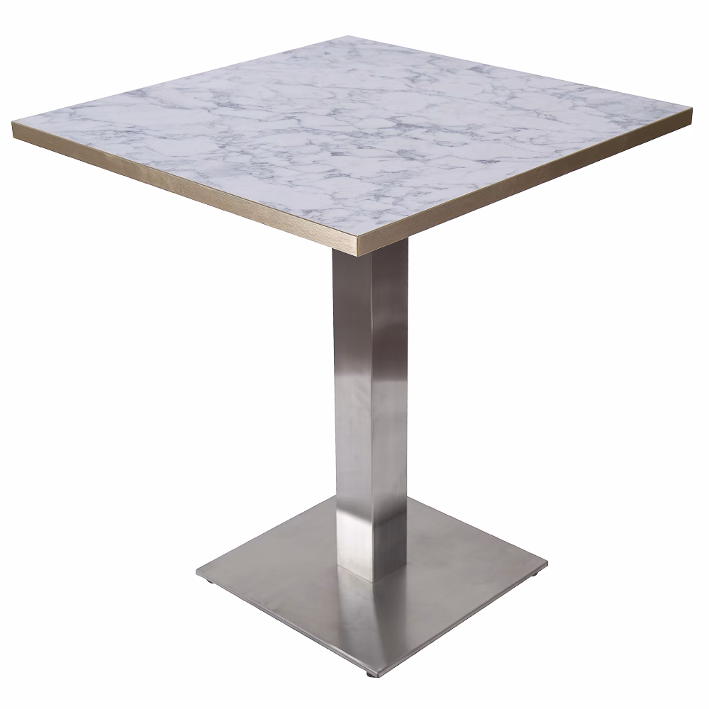 RESTAURANT TABLE WHITE MARBLE GOLD TRIM WITH SQUARE BRUSHED METAL BASE 700×700
