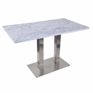RESTAURANT TABLE WHITE MARBLE WITH RECTANGLE BRUSHED METAL BASE 1200×700